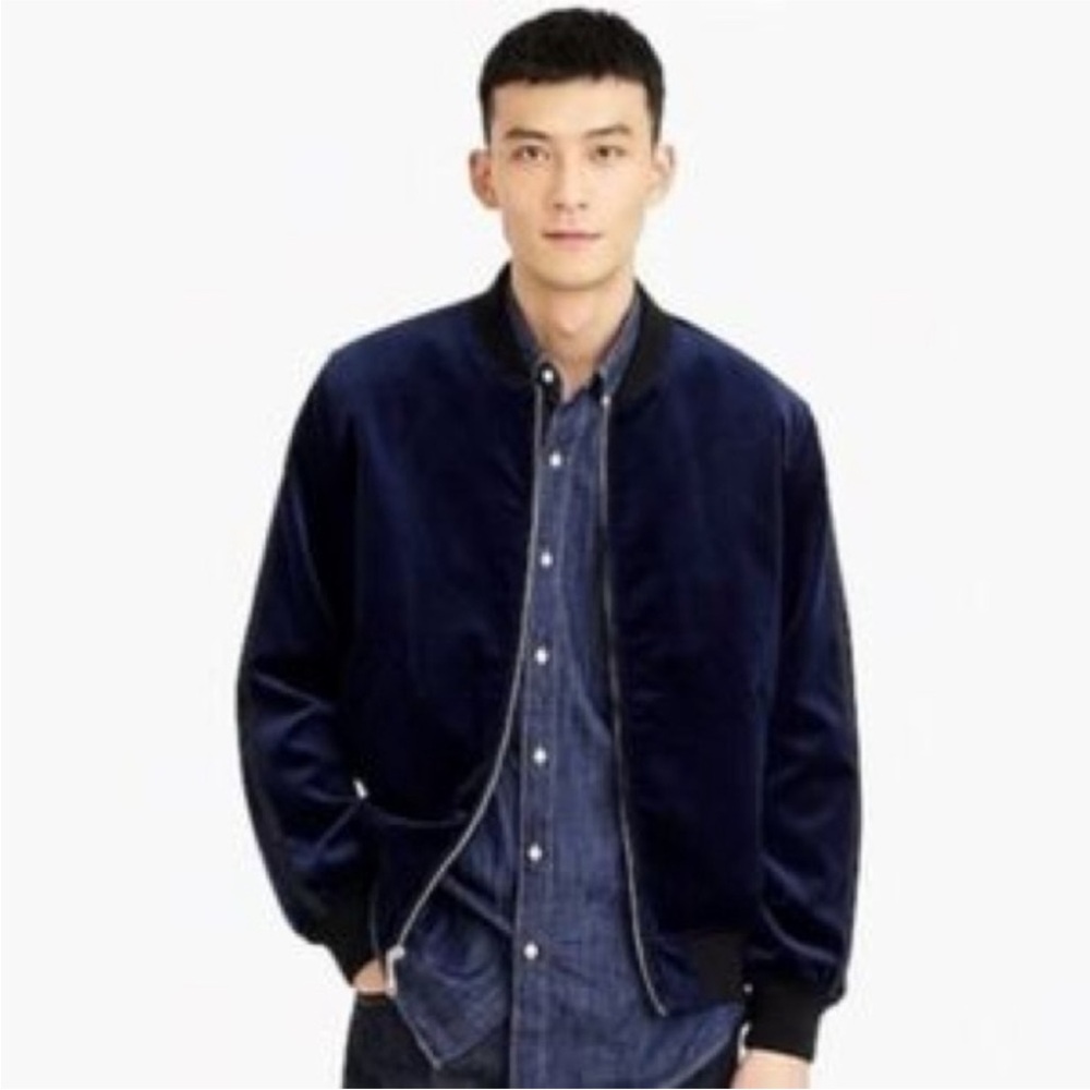 J. Crew Ludlow Navy Velvet Bomber Jacket with Tuxedo Stripe, size L